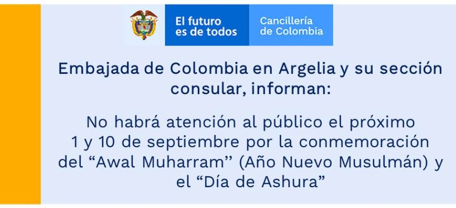 Embajada en Argelia informa que no habrá atención al público el próximo 1 y 10 de septiembre